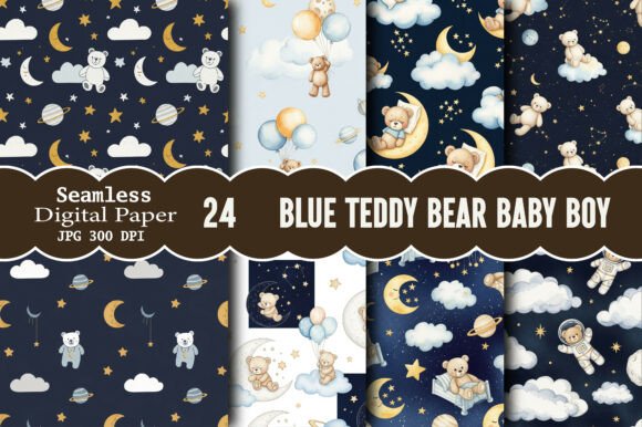 Blue Teddy Bear Baby Boy Digital Pattern