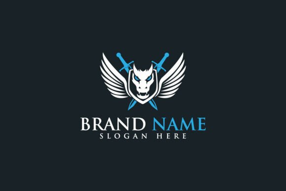 Unleash the Power of the Dragon with the Dragon Wings Shield and Cross Sword Logo